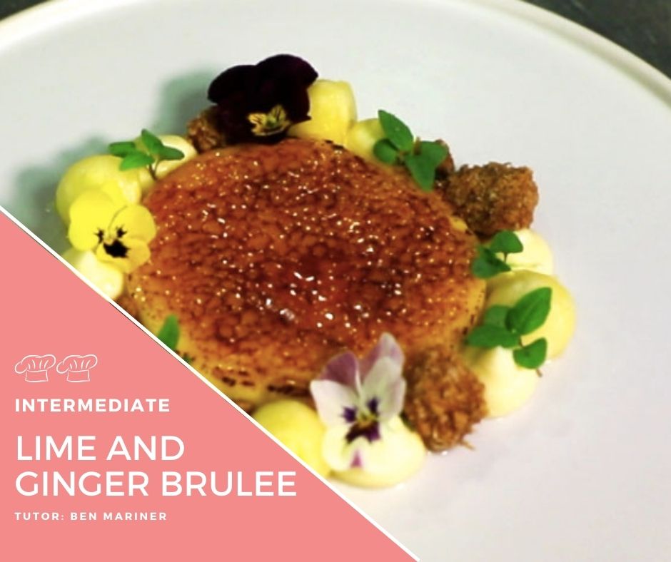 Video – Lime Creme Brulee with white chocolate whipped ganache toasted ginger oats and Malibu pineapple