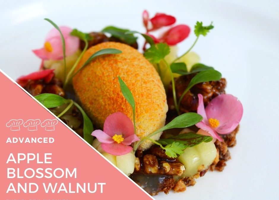 Recipe – Apple Ice Cream with walnut crumble vanilla cream and apple blossom